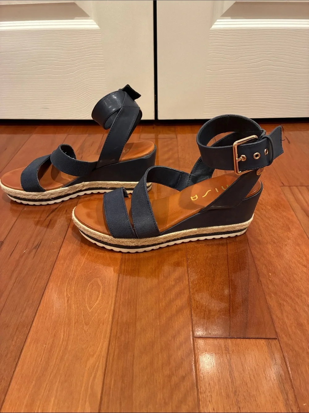 Unisa Navy Espadrille Wedge Sandals with Ankle Buckle